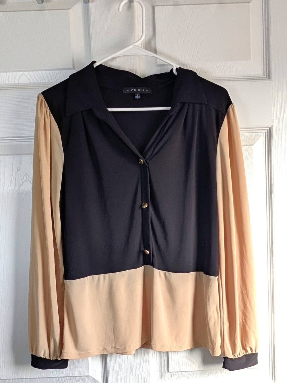 Atelier 29 Black and Beige Colorblock Button-Front Blouse